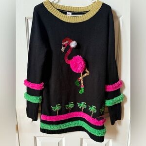 Holiday Time Women’s Pink Flamingo Ugly Xmas Sweater  Medium Faux Fur Trim